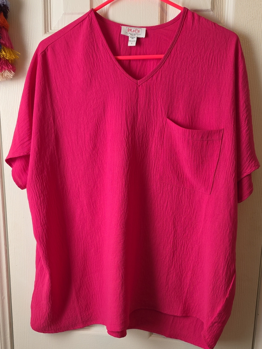 Moco Boutique Women’s V-Neck Pocket Top in Bright Pink Oversized